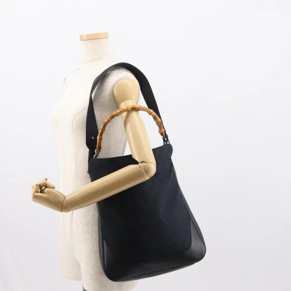 GUCCI GG Canvas Bamboo Shoulder Bag 2way Black Silver 001 4058 1705 Auth gh1144